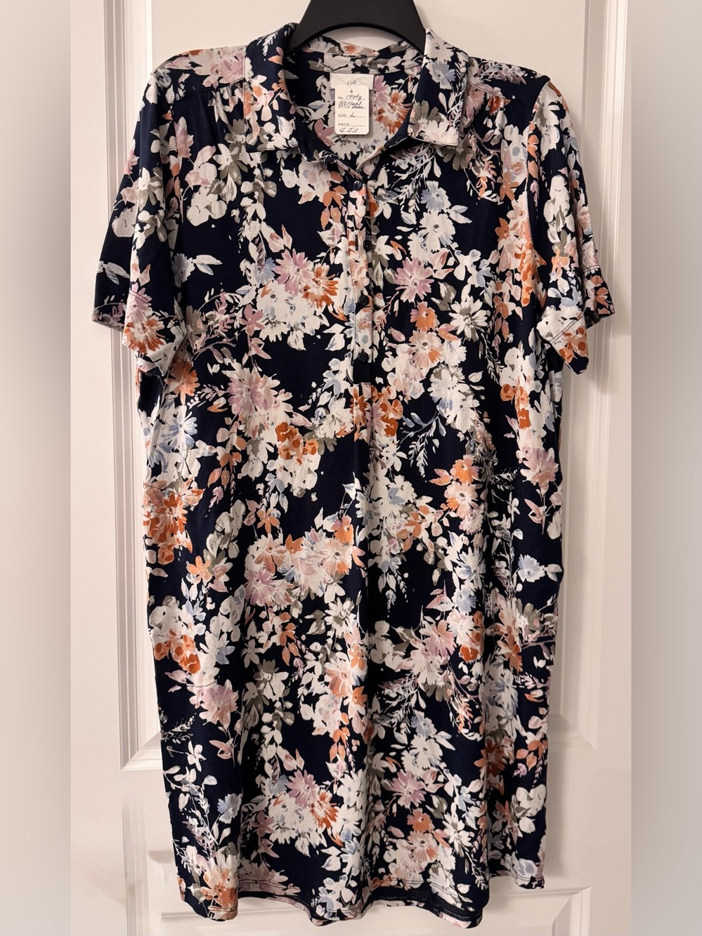 #x541 - J. Jill Navy Fresh Bloom Multi Floral Pima Cotton Knit Mini Shirt Dress